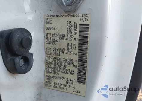 2016 Nissan Frontier Sv z USA, uszkodzony, nr VIN 1N6AD0CW2GN791361